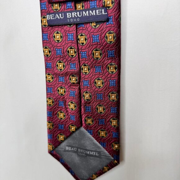 Vtg Beau Brummel SOHO Men’s Neck Tie 3 ½” Maroon Blue Gold Geometric 100% Silk - Picture 9 of 11